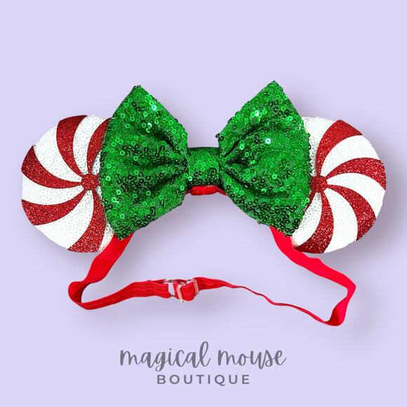 🎄 Candy Cane Lane Elastic Minnie Ears | Disney-Inspired Adjustable Ears - Picture 1 of 5